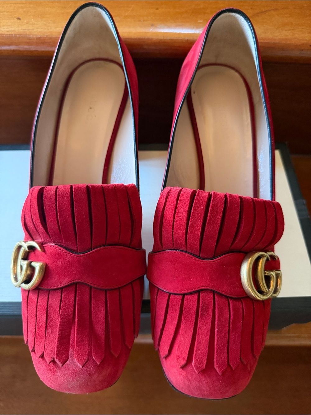 Gucci Red Suede Fringe Loafers with Gold Double G